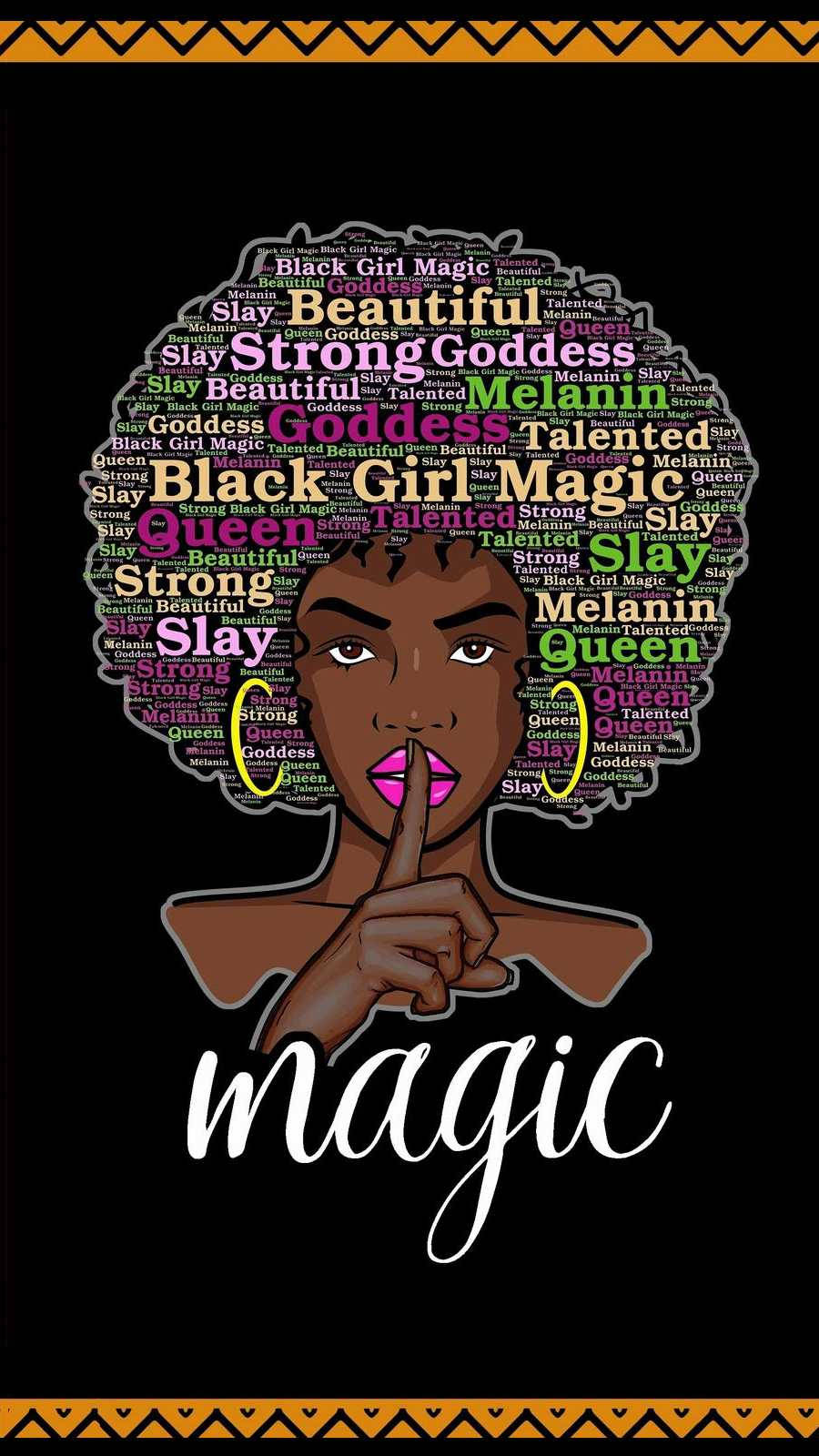 一位黑人女性，其詞雲爆炸頭，舉起一根手指，周圍環繞著「Black Girl Magic」和「Slay」等賦權詞語。