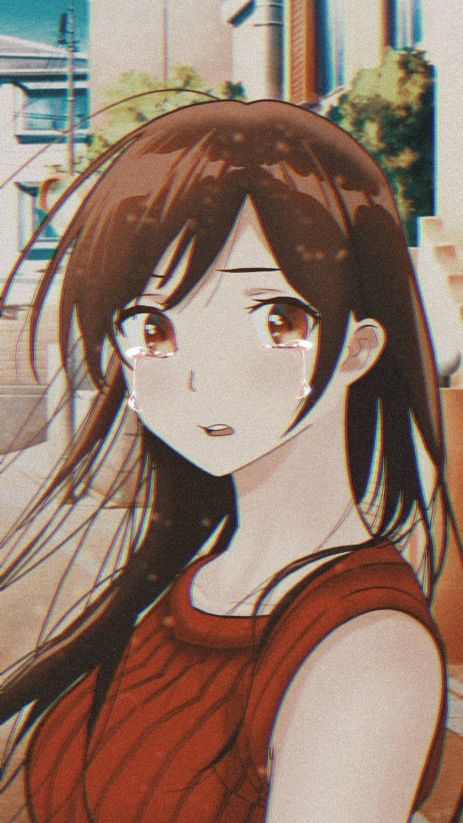 動漫女孩在陽光普照的城市小巷中哭泣，身穿紅色上衣。