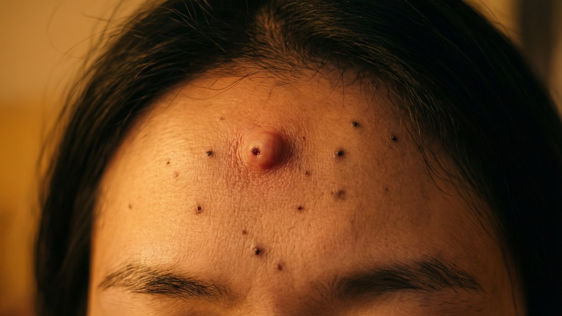 額頭爆痘 壁紙 — 一個人的額頭特寫，顯示在溫暖燈光下，一個突出的紅色暗瘡被較小的瑕疵包圍。