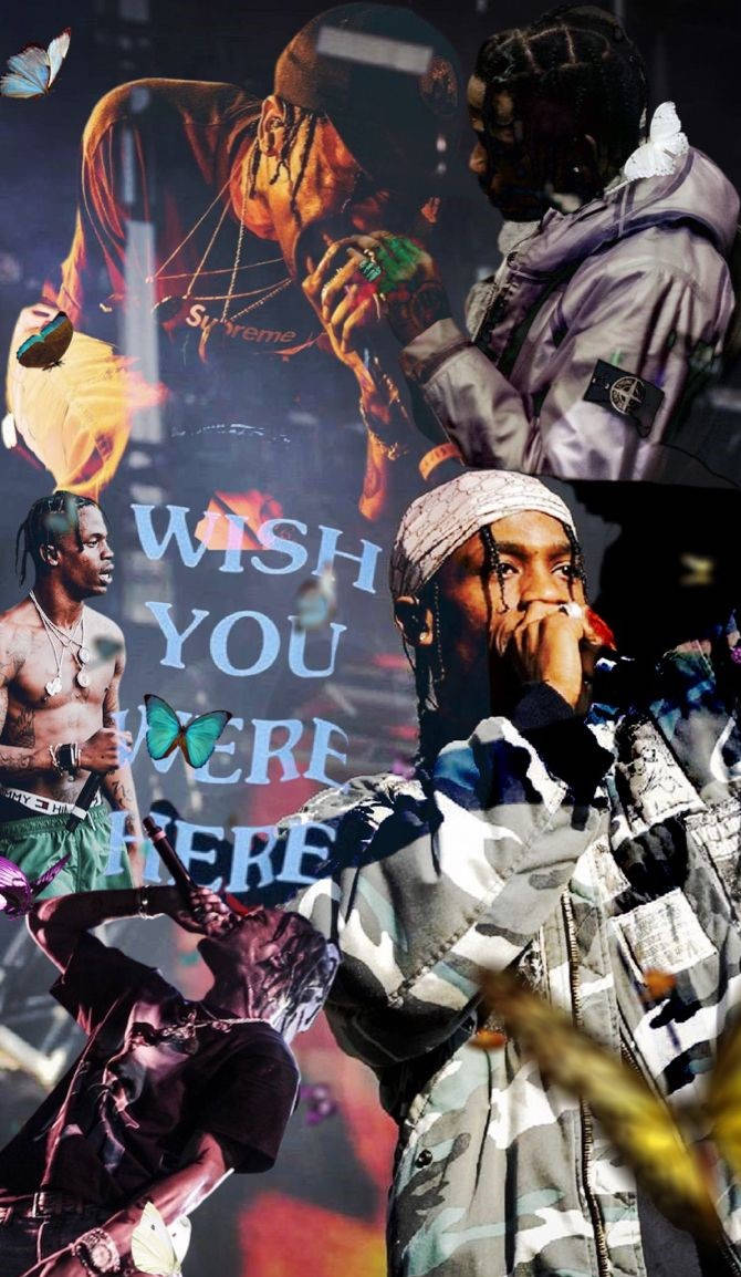 Travis Scott拼貼畫，配有蝴蝶和文字wish you were here。