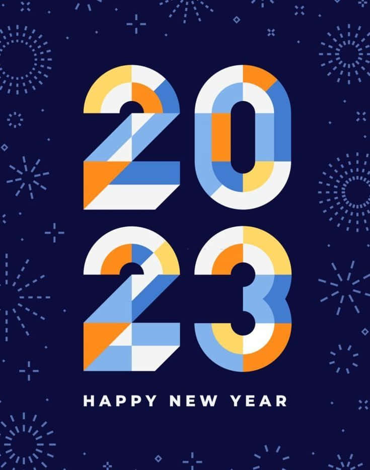 新年快樂2023圖形，帶有彩色幾何數字和節日火花。