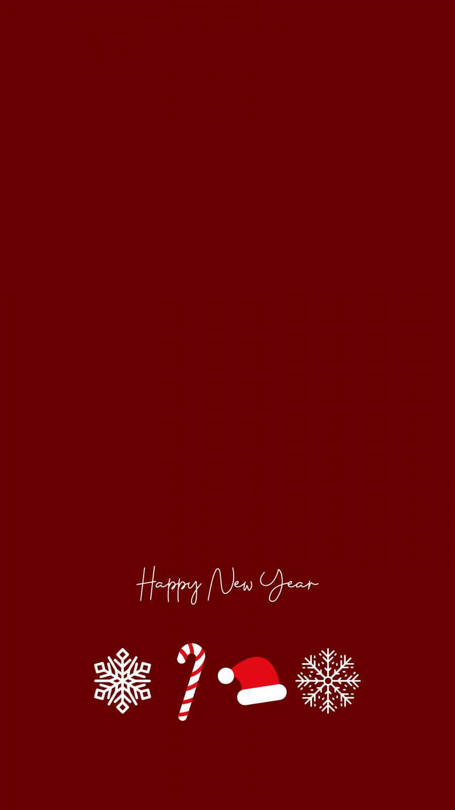 紅色背景，白色雪花、拐杖糖和聖誕帽，以及Happy New Year文字。