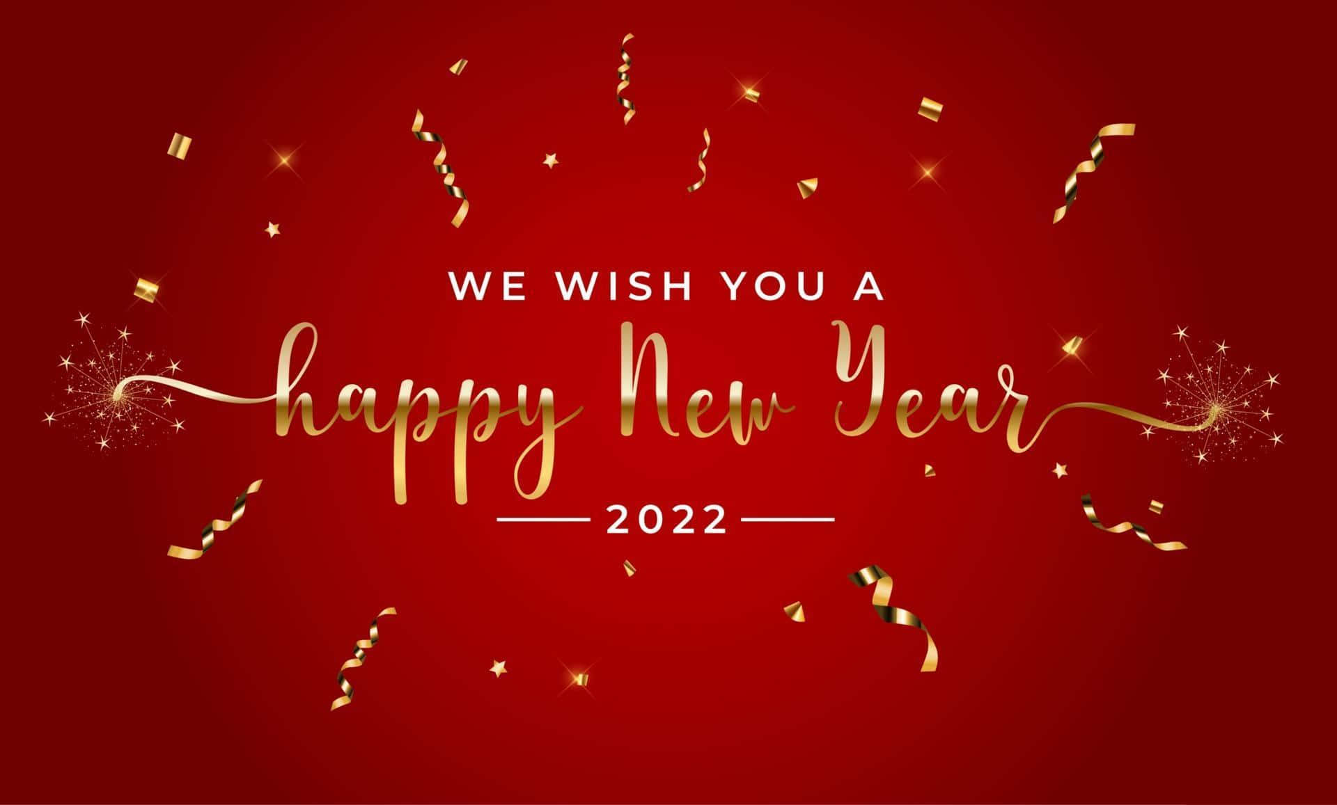 2022年新年快樂祝福，紅色背景上帶有金色紙屑和閃光。