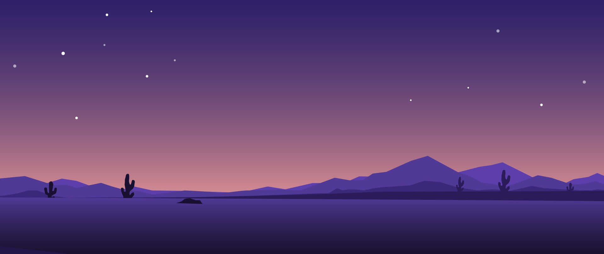 紫色沙漠之夜，仙人掌和山脈在星空下。