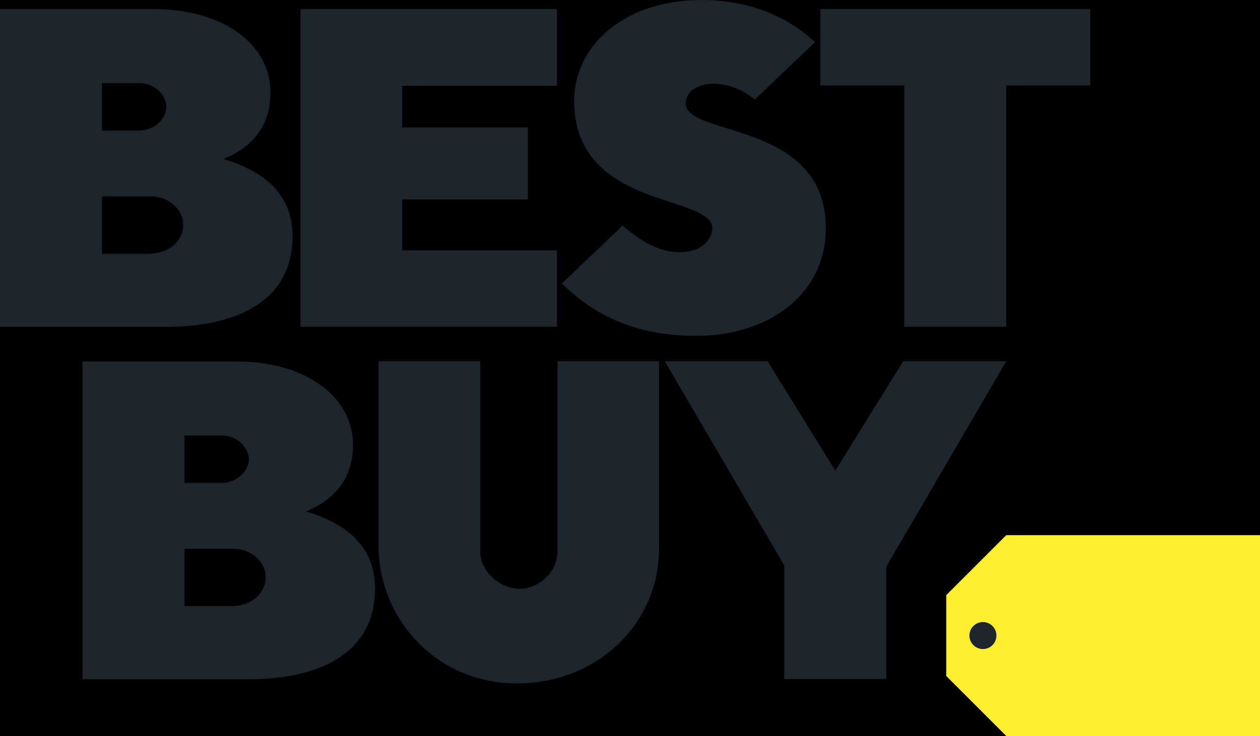 顧客在百思 buy 電器店購物 壁紙 — 黑色背景上，粗體深灰色 'BEST BUY' 文字搭配亮黃色價格標籤圖案。