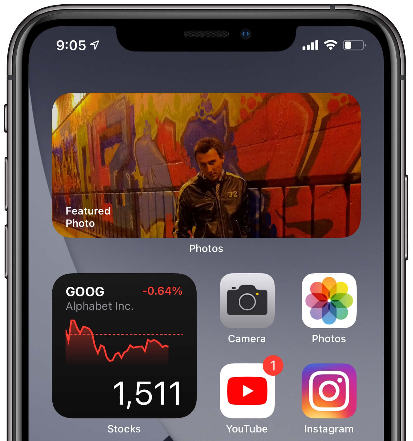 iPhone主屏幕顯示預設應用程式和特寫照片，照片中一個穿著皮褸的男人靠近塗鴉牆。