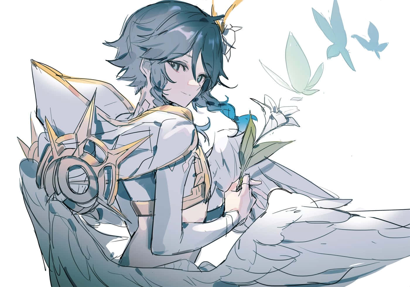 灰色頭髮和大翅膀的動漫女孩，手持白色百合花，附近有鳥兒飛翔。