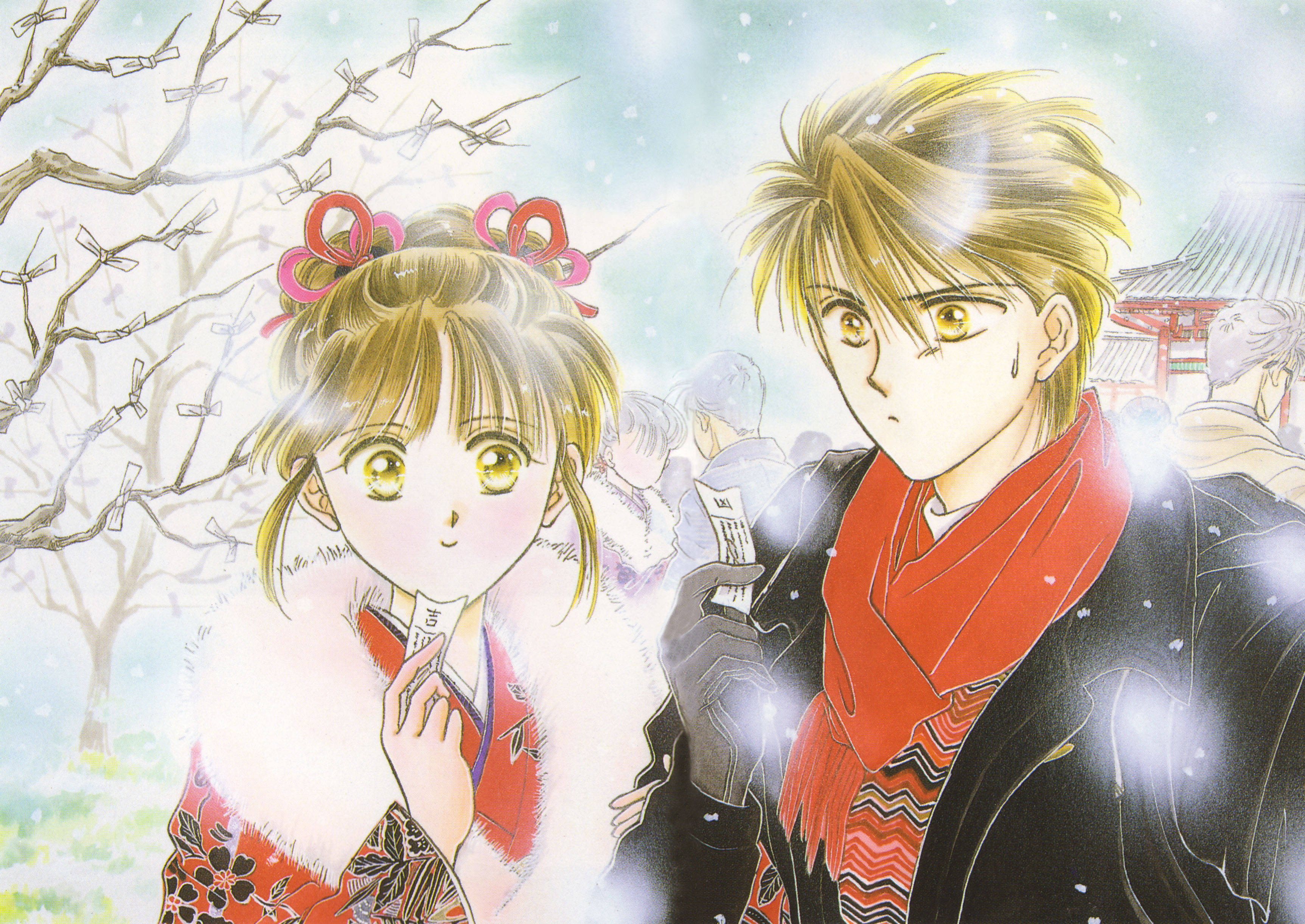《風之聖痕》冬季情侶：千葉與達摩 壁紙 — 一對年輕動漫情侶在雪中的日本神社場景中緊密站立，周圍有光禿的樹木和紙飾物。