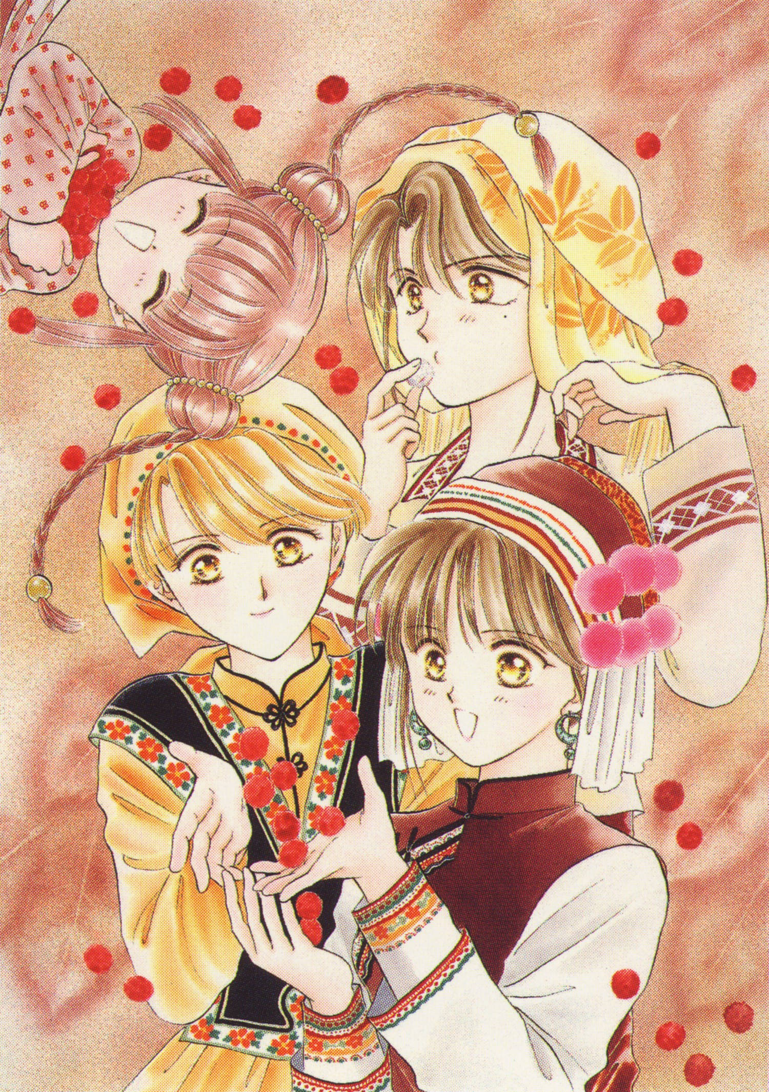 《風之聖痕》四位女角 壁紙 — 三位身穿傳統民族服飾、帶有紅色花卉點綴的動漫女孩，在柔和的粉紅色紋理背景上溫暖地微笑。
