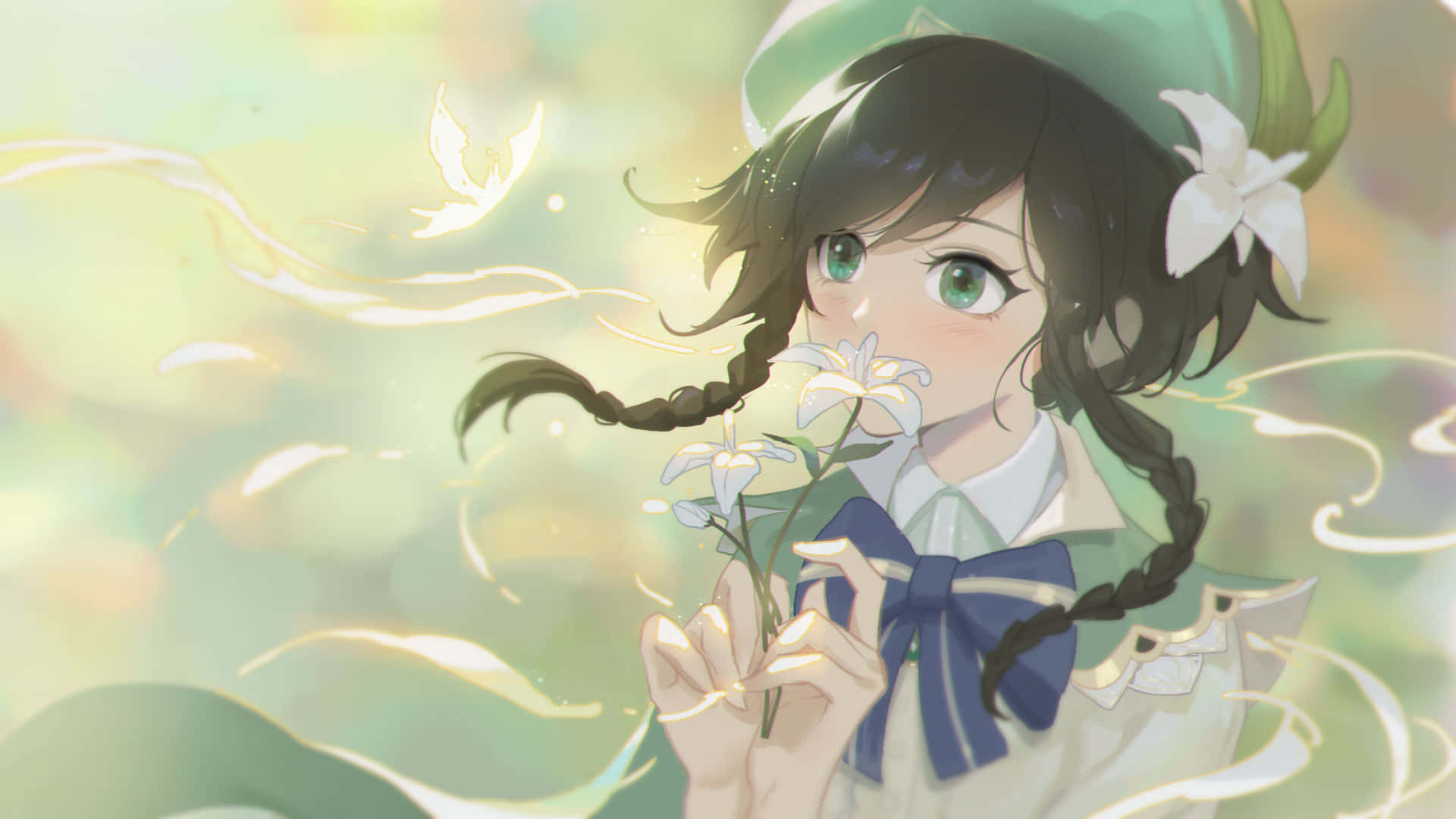 動漫女孩手持白色百合花，周圍有發光的漩渦。