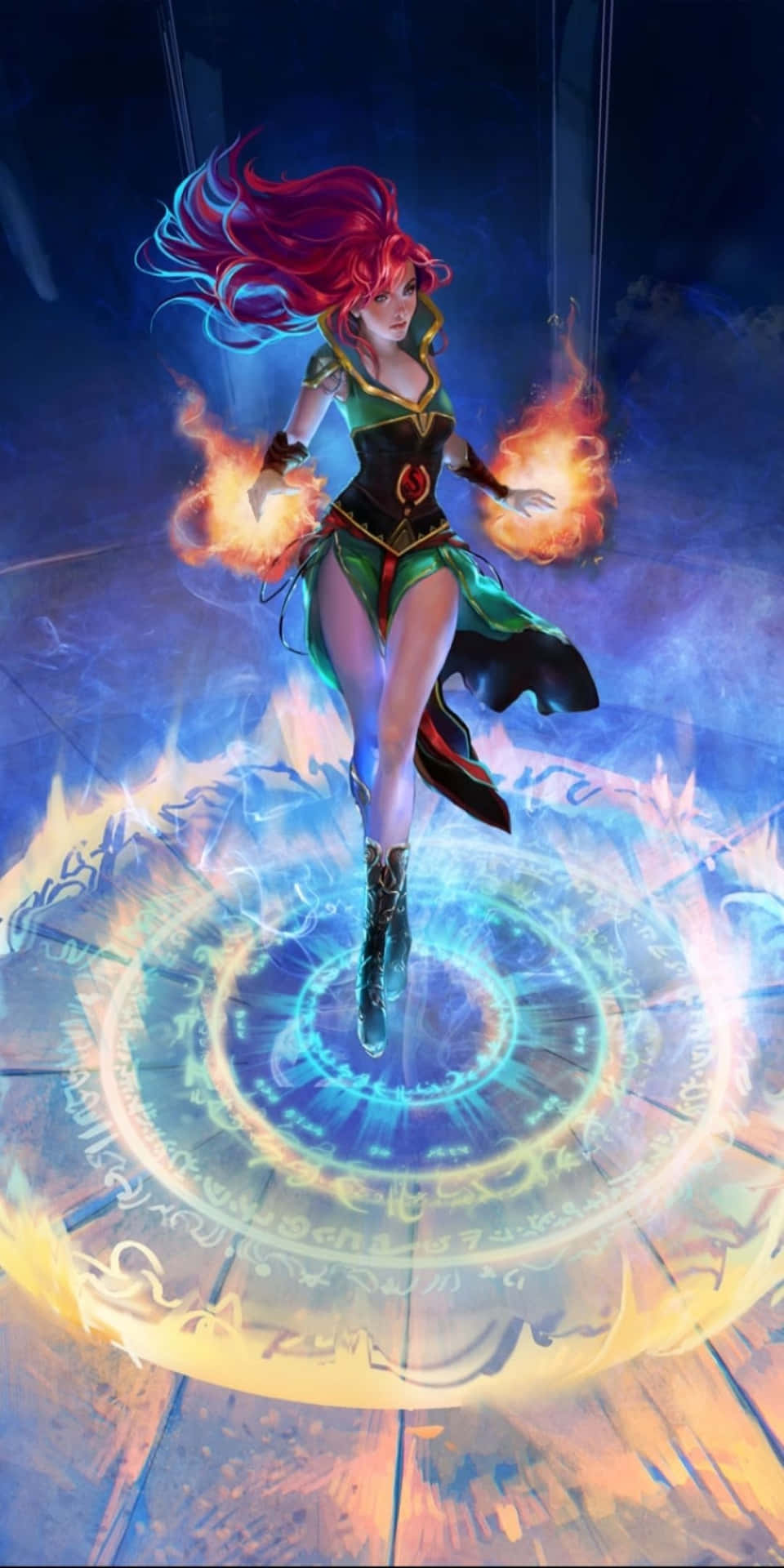 一位紅髮動漫女法師懸浮於發光的藍色魔法陣之上，手中操控火焰。