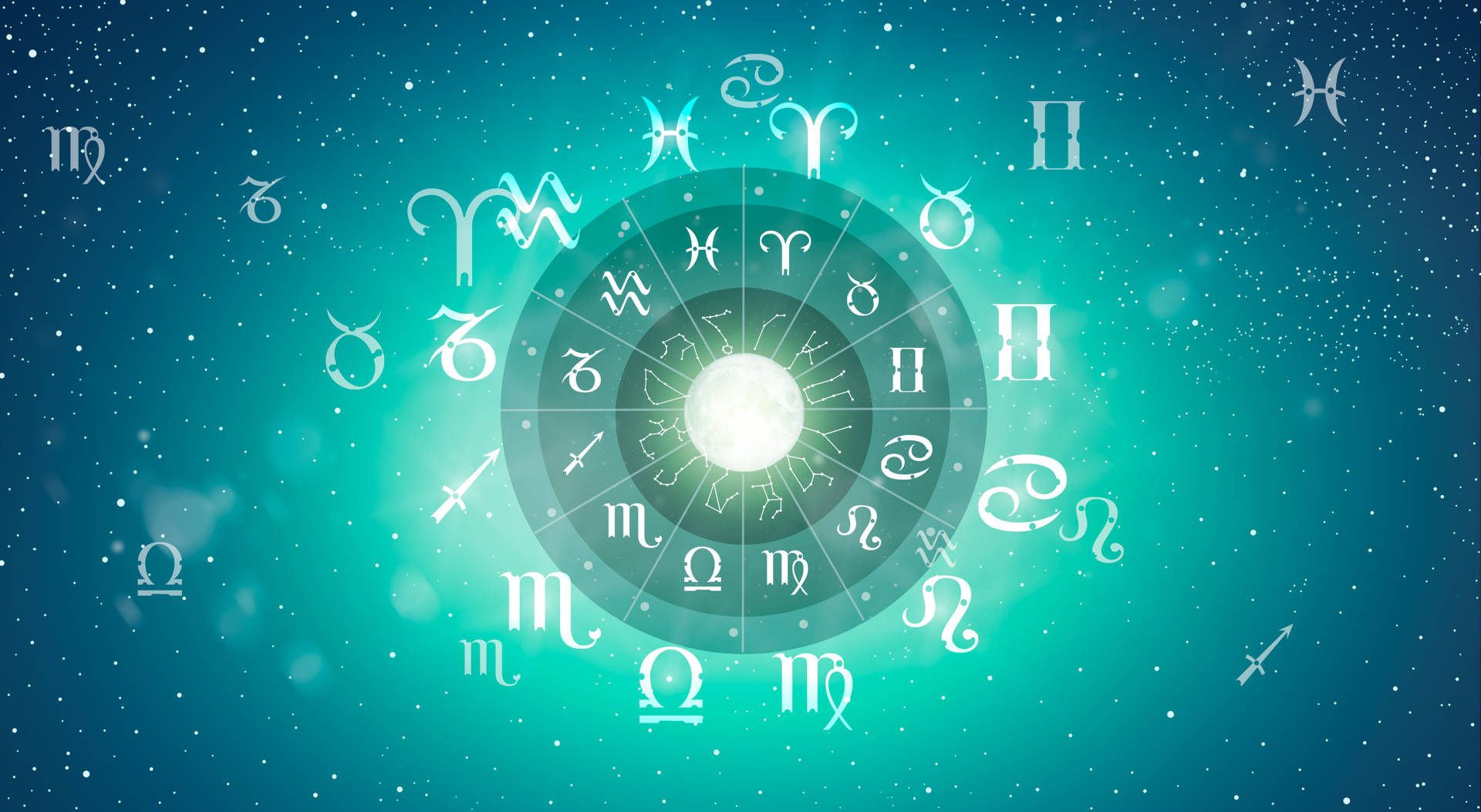 帶有發光符號的星座輪盤，背景為繁星點點的藍綠色宇宙。
