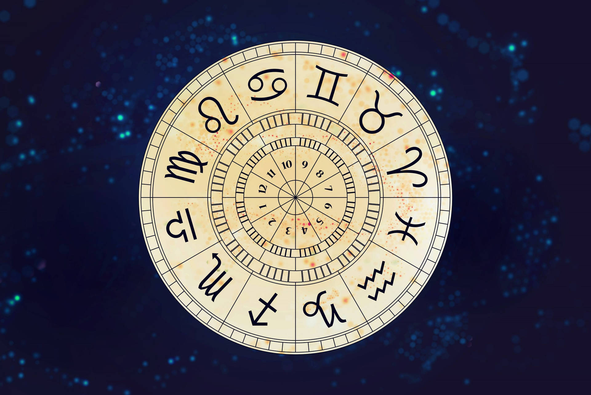 一個古老的占星輪盤，帶有星座符號，背景是星光燦爛的夜空。