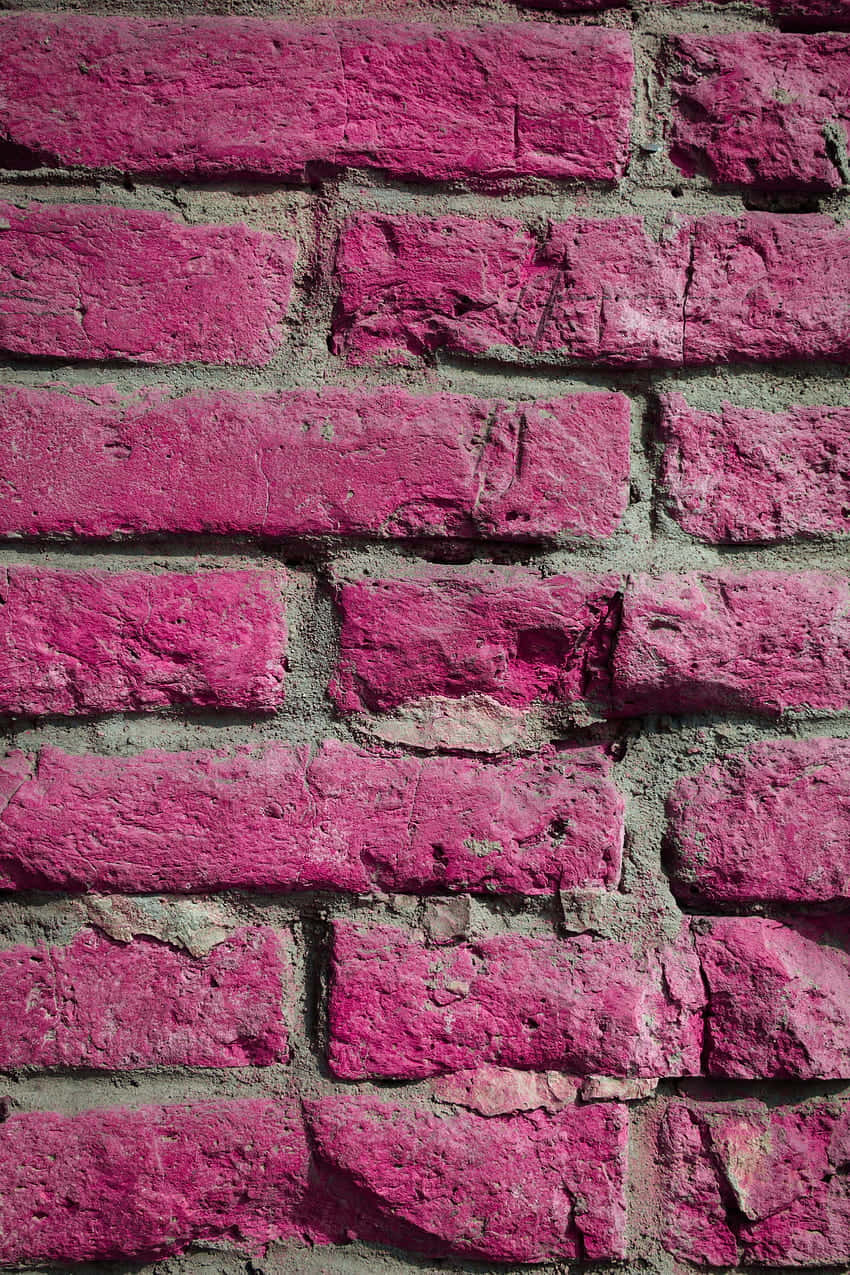 Pink Wall 桌布 壁紙 — 風化磚塊的特寫，塗上大膽的洋紅色，灰色砂漿線條顯示紋理和磨損。