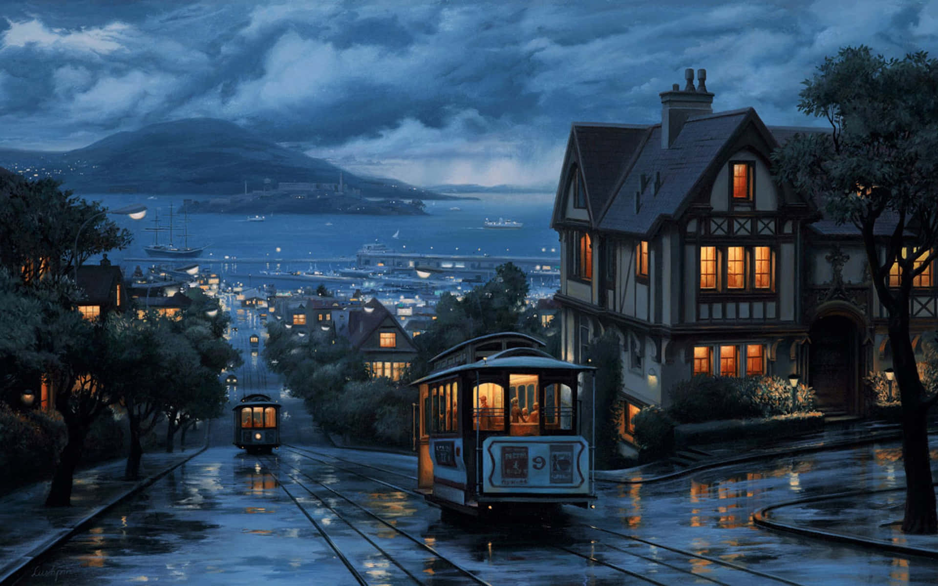 纜車在雨濕的街道上滑行，經過發光的維多利亞式房屋，夜晚俯瞰海灣。