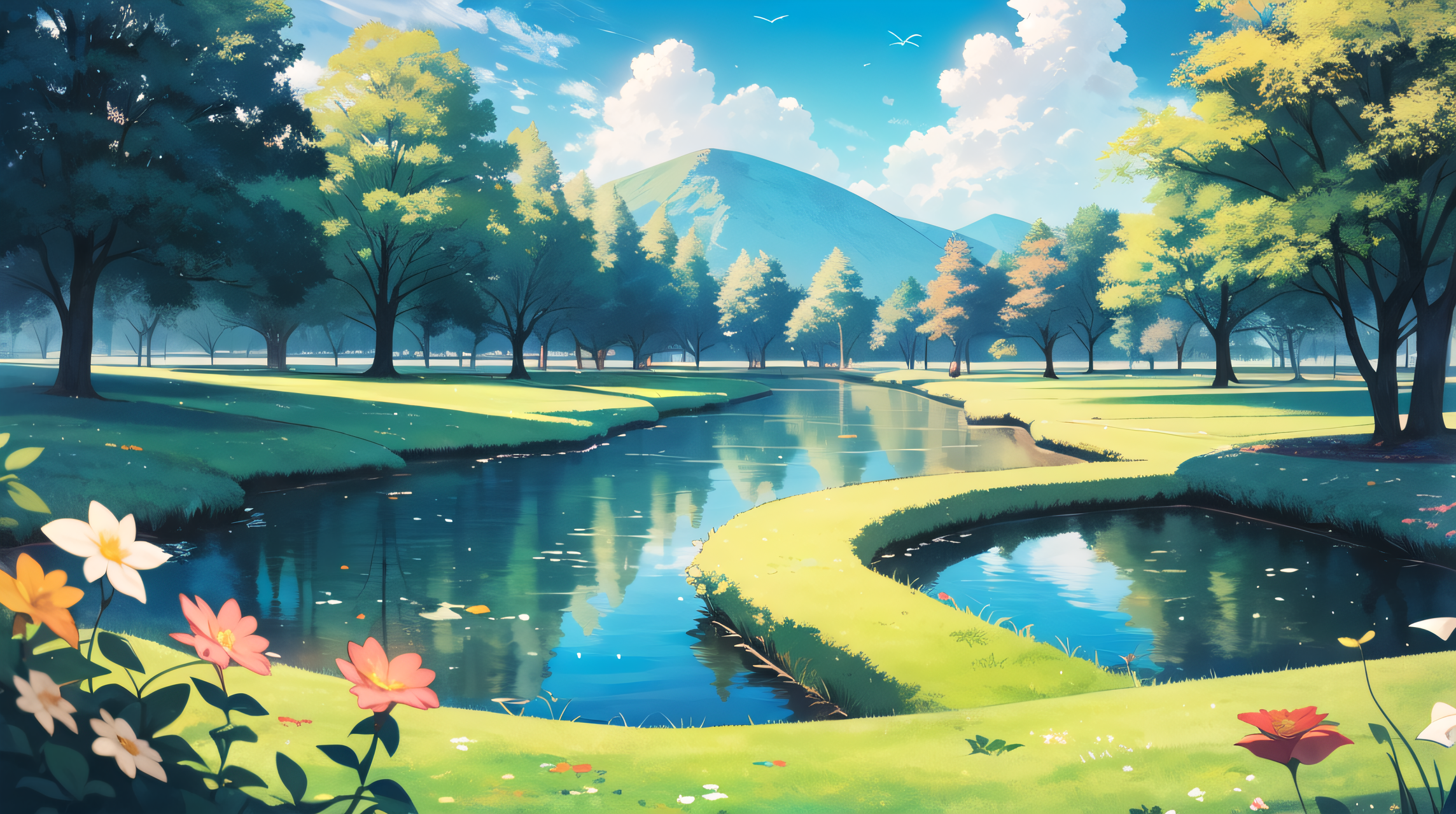 風景 壁紙 — 一條寧靜蜿蜒的河流流經鬱鬱蔥蔥的綠色山谷，兩旁是高聳的樹木和充滿活力的野花，頭頂是明亮的藍天和蓬鬆的白雲。