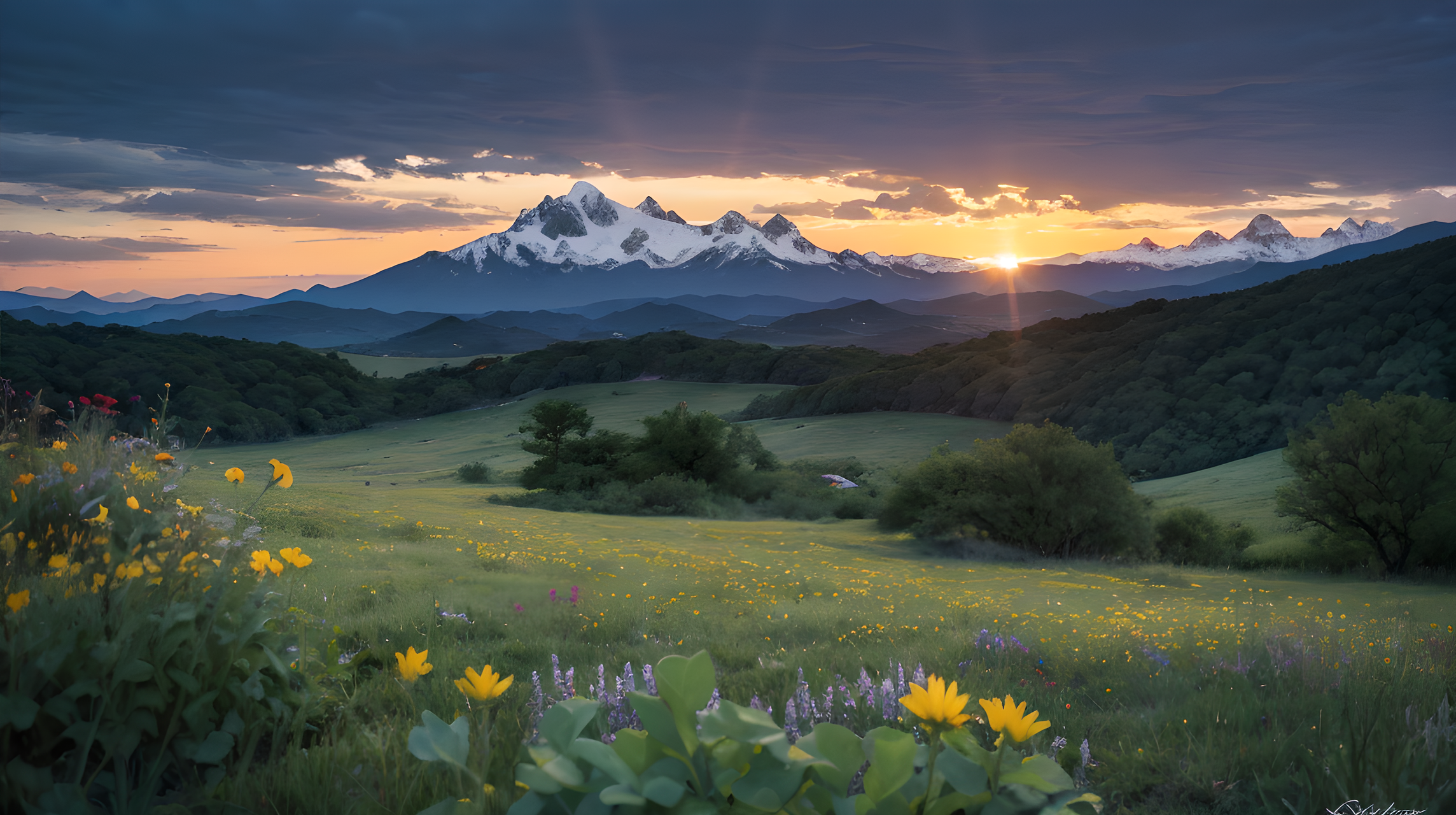 風景 壁紙 — 夕陽將積雪的山峰沐浴在金色光芒中，下方草地上開滿黃色和紫色的野花。