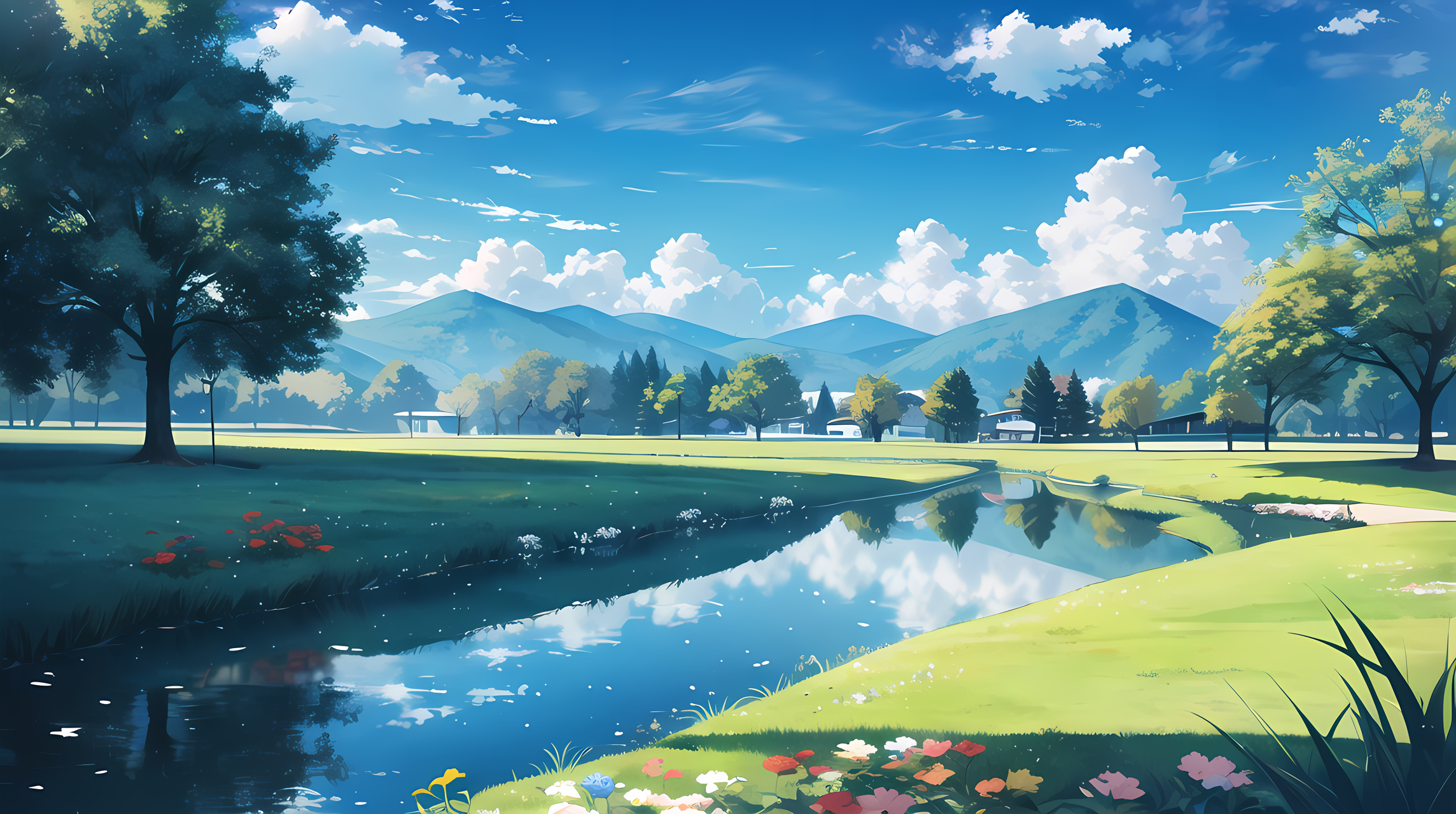 風景 壁紙 — 一個寧靜的動畫風景，蜿蜒的河流映照著藍天和蓬鬆的雲朵，周圍是茂密的綠色田野和遠山。
