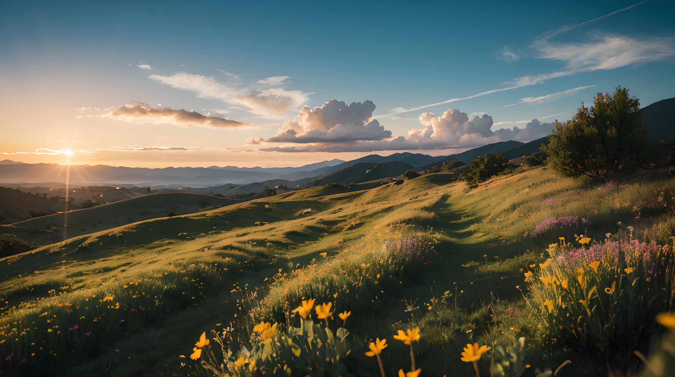 風景 壁紙 — 夕陽將起伏的綠色山丘沐浴在金色光芒中，野花在前景盛開，廣闊的藍天中散佈著雲朵。