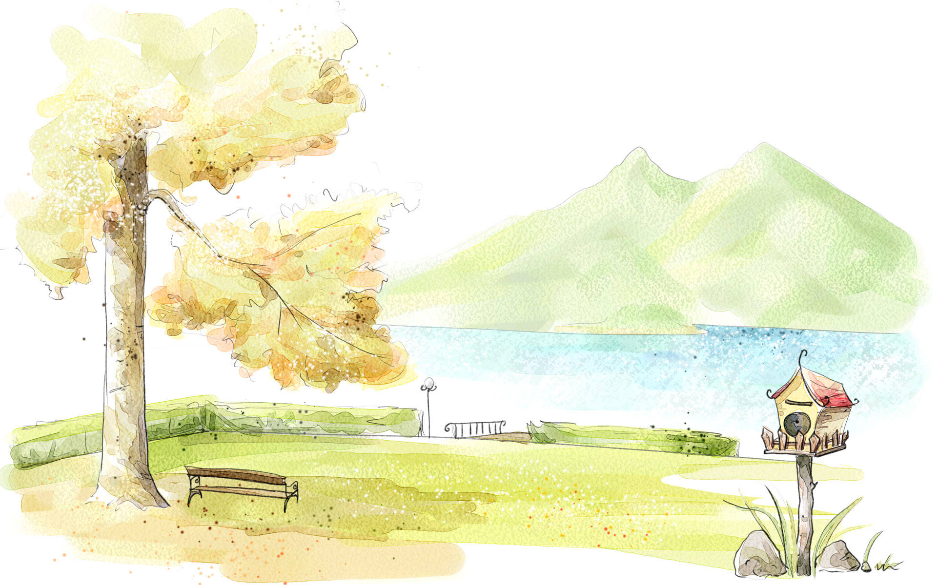 風景數位藝術畫 壁紙 — 一幅水彩畫場景，描繪一棵孤獨的樹，樹上掛著金黃色的葉子，旁邊有一張長椅，靠近一個湖泊，遠處有綠色的山巒。