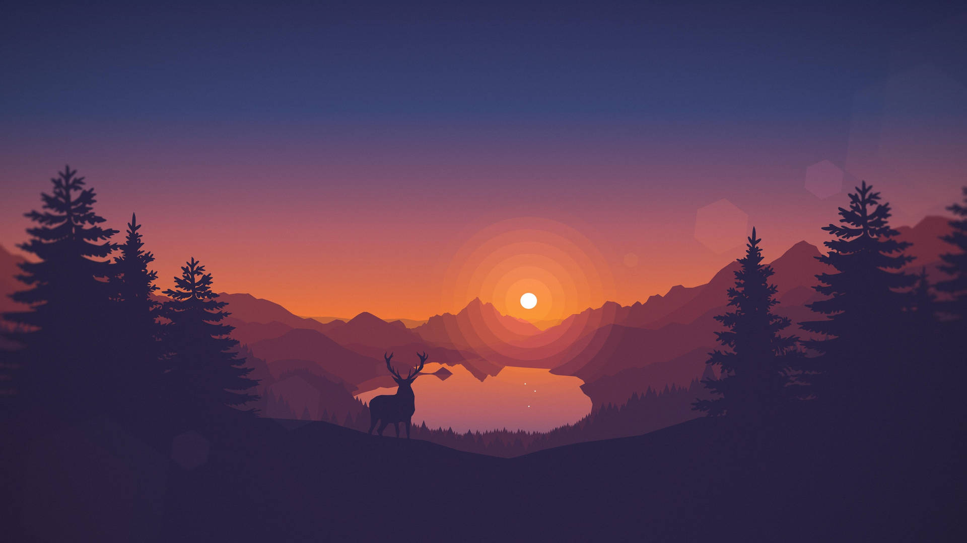 剪影鹿俯瞰夕陽下的湖泊，有山脈和松樹。