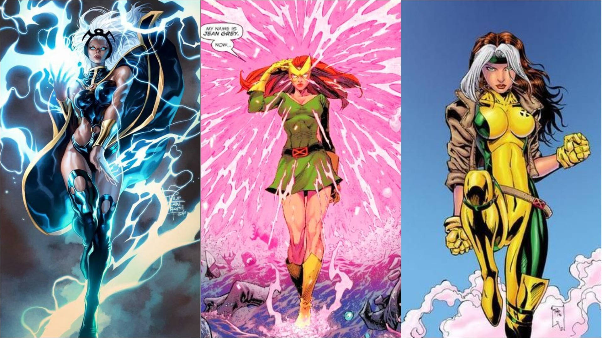 風暴、羅格與珍妮·格雷 壁紙 — Jean Grey 喺三個漫畫書面板中描繪，運用宇宙力量，帶有電藍色能量、粉紅色爆炸同黃綠色服裝，背景係天空。