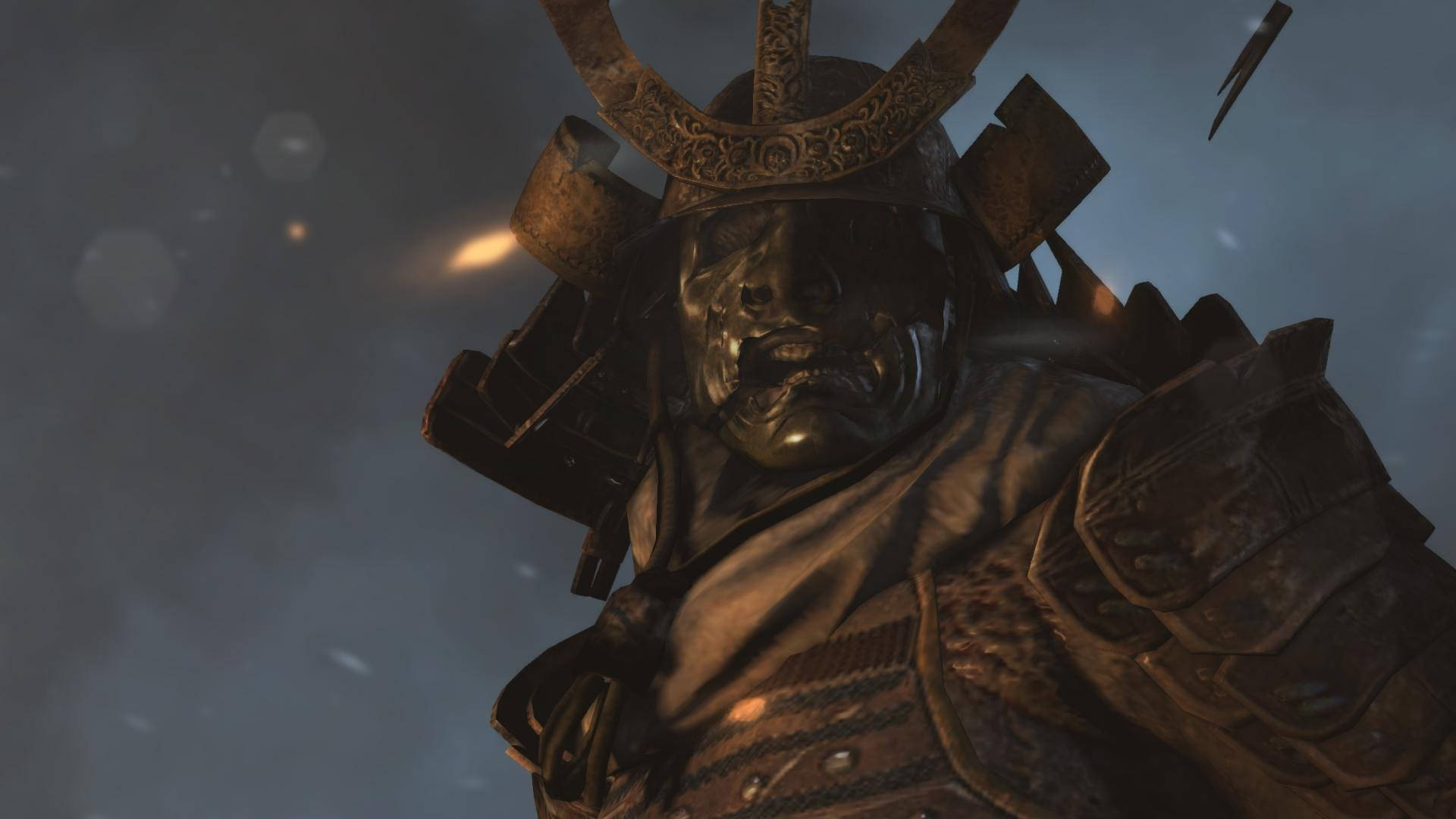 武士戰士身穿精細盔甲，戴著面具，在風暴天空下