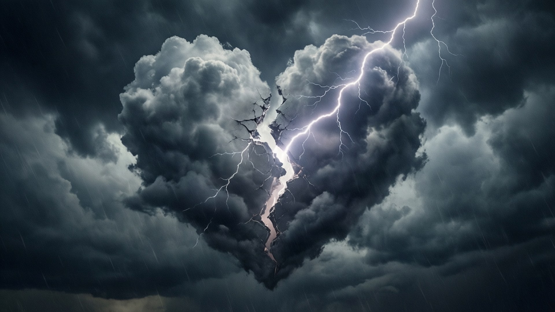 風暴之心閃電 壁紙 — 在黑暗多雨的天空下，一道鋸齒狀閃電劈開了一朵暴風雨中的心形雲。