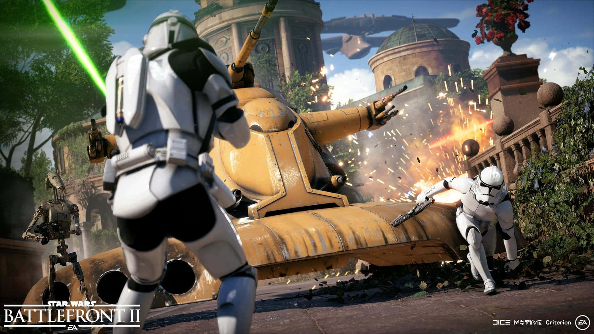 The Battle Of Naboo 桌布 壁紙 — 風暴兵在陽光普照的古代廢墟中，於爆炸碎片和綠色光劍之間戰鬥。