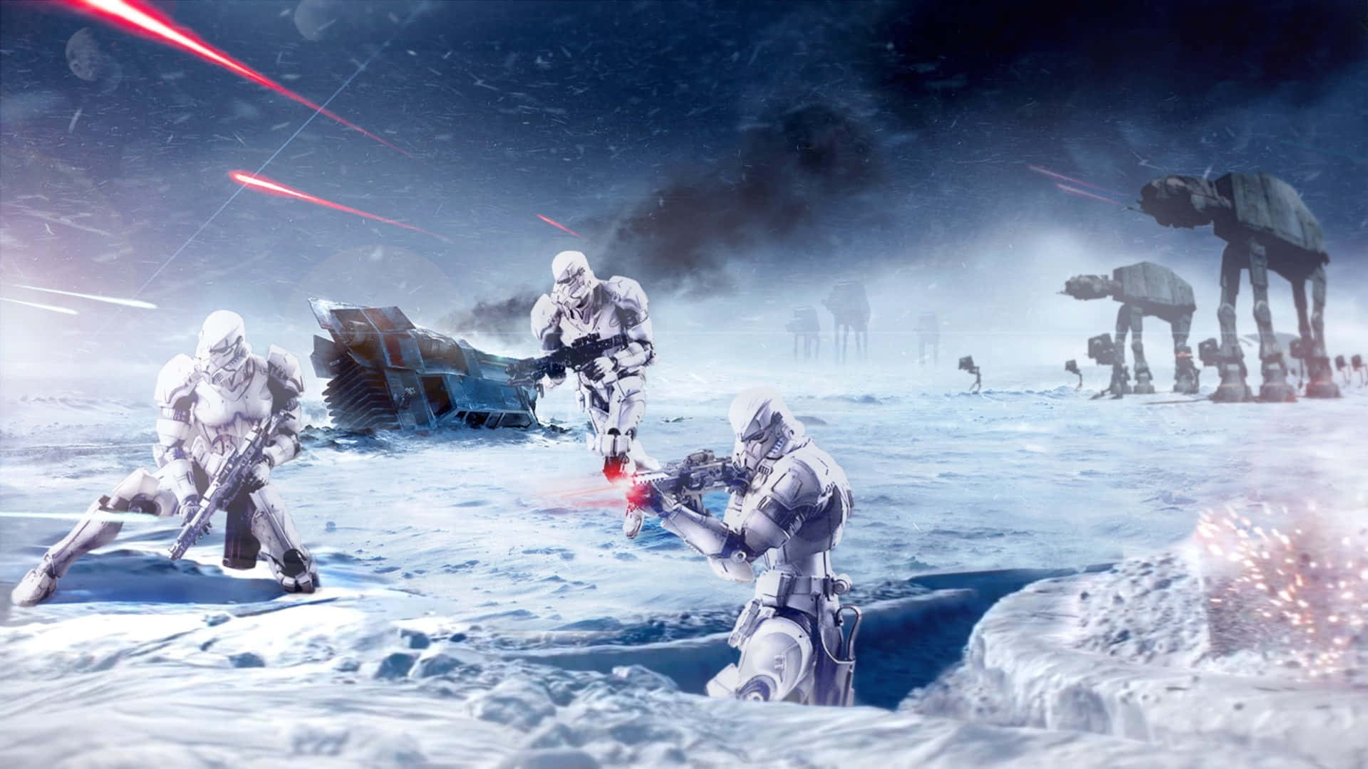 Galactic Empire 桌布 壁紙 — 風暴兵在雪星球上戰鬥，AT-AT步行機和激光火光照亮冰凍戰場。