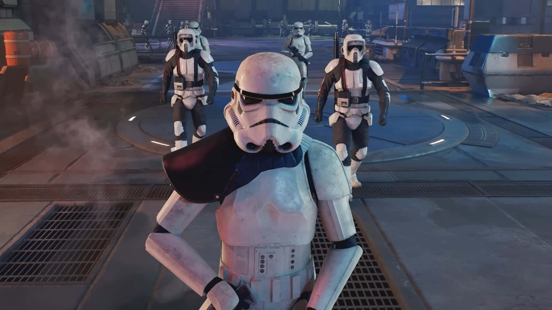 The Coruscant Underworld 桌布 壁紙 — 風暴兵穿過煙霧彌漫的工業走廊，帶有發光的藍色面板和金屬地板。