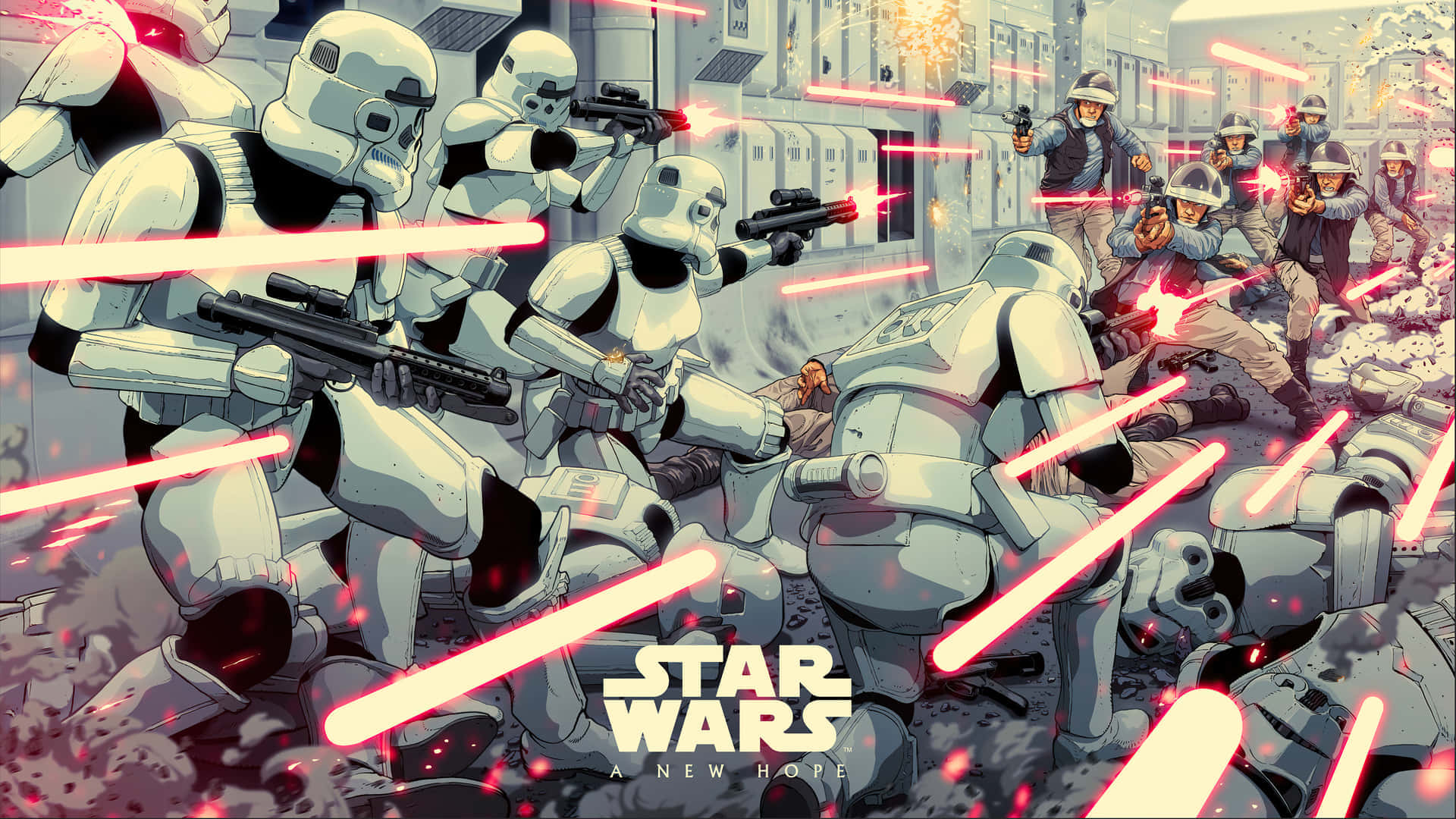 Galactic Empire 桌布 壁紙 — 風暴兵與反抗軍在 gritty 的城市街頭戰鬥中交火，紅色激光四處飛射。