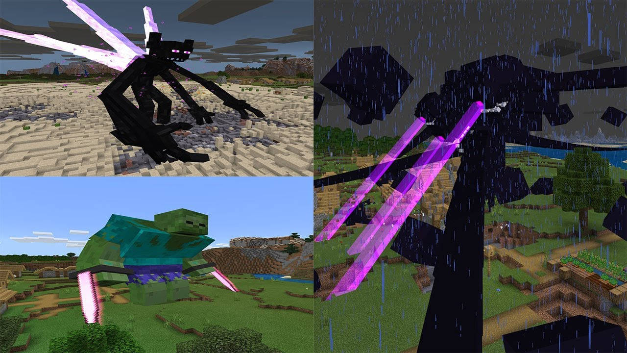 風暴凋零怪對戰泰坦變異生物 壁紙 — 一幅Minecraft拼貼畫， featuring 一隻黑色蜘蛛帶有發光紫色腿，一隻綠色烏龜帶有發光粉紅色腿，以及一個黑暗人物在雨天生物群系中揮舞發光紫色劍。