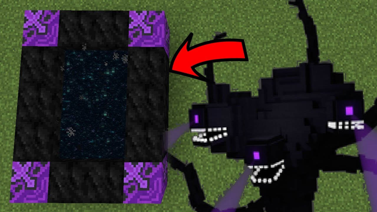 風暴凋零怪維度 壁紙 — 一個像素化的Minecraft終界使者站在一個帶有紫色框架和旋轉黑暗粒子的終界傳送門旁邊。