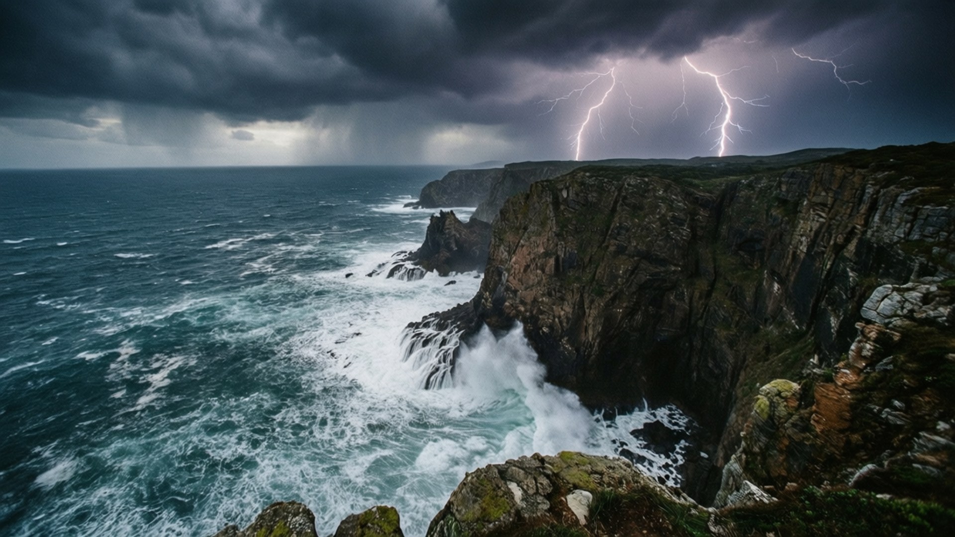 暴風雨的海浪衝擊懸崖，閃電在黑暗的天空中閃爍。