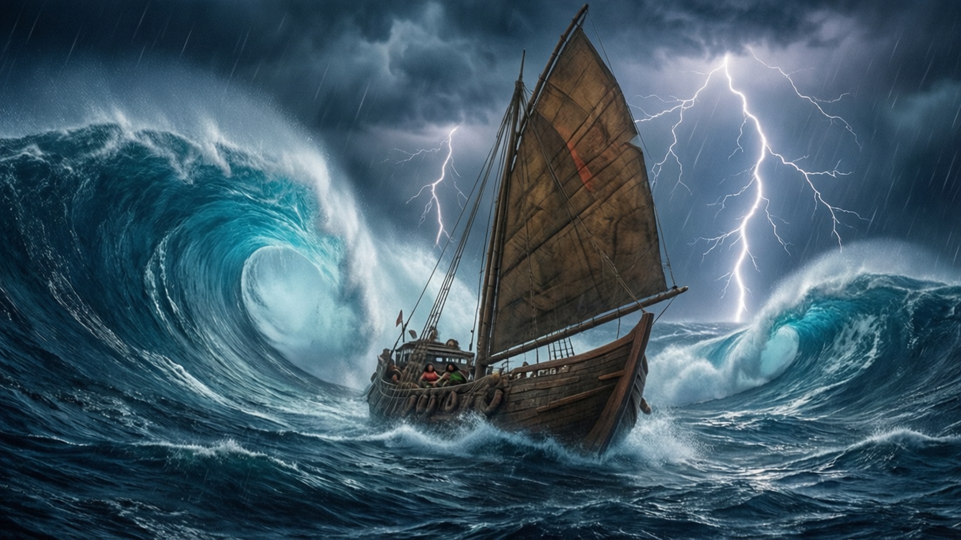 風暴海上的冒險 壁紙 — 一艘木製帆船在暴風雨的天空下與高聳的藍色波浪搏鬥，伴隨著生動的閃電。