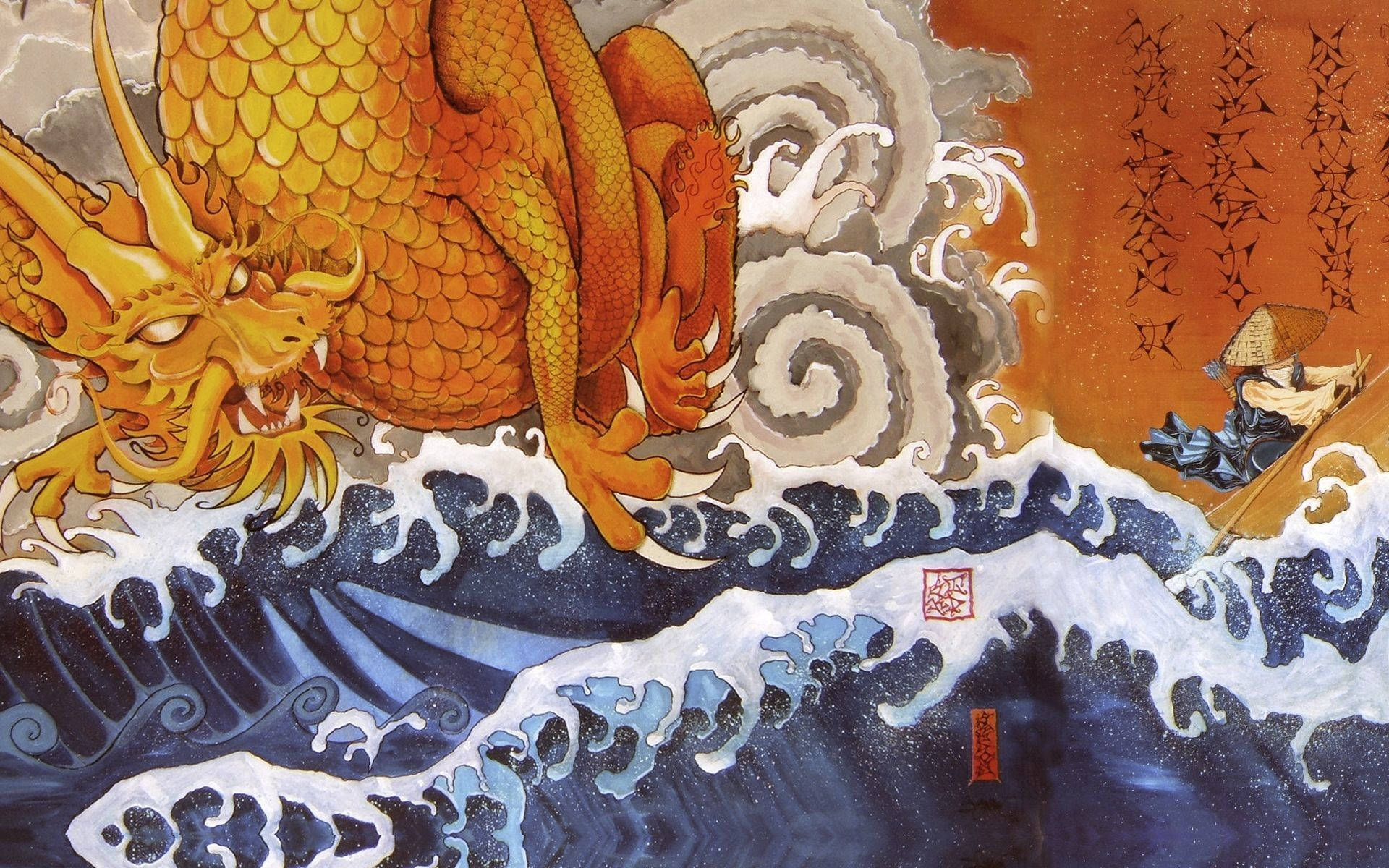 風暴海日式龍 壁紙 — 一條金龍從翻騰的海浪中出現，一名武士在船上與暴風雨的大海搏鬥。