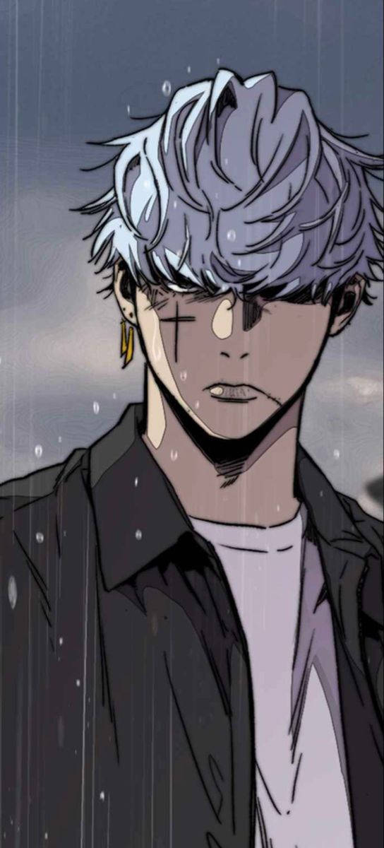 一個銀色頭髮的悲傷動漫男孩，穿著深色外套在雨中哭泣。