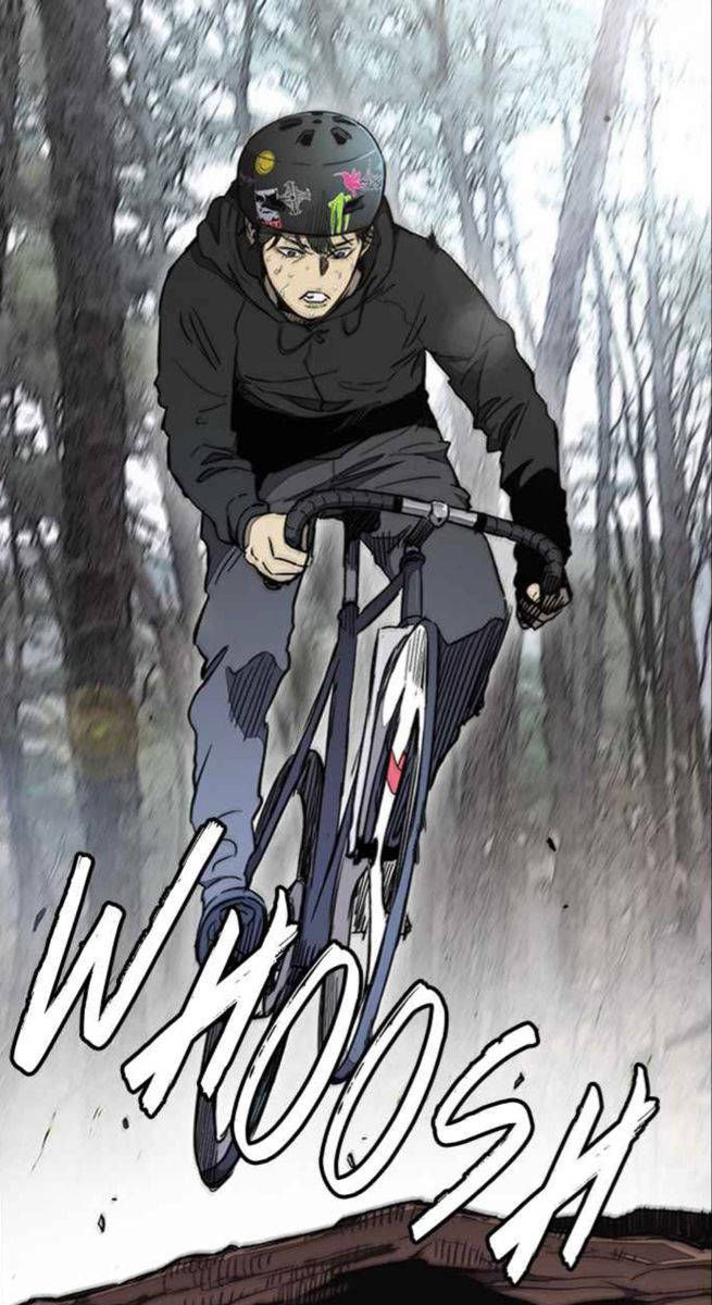 一個動漫單車手騎著山地自行車穿過森林，帶有嗖嗖聲效。