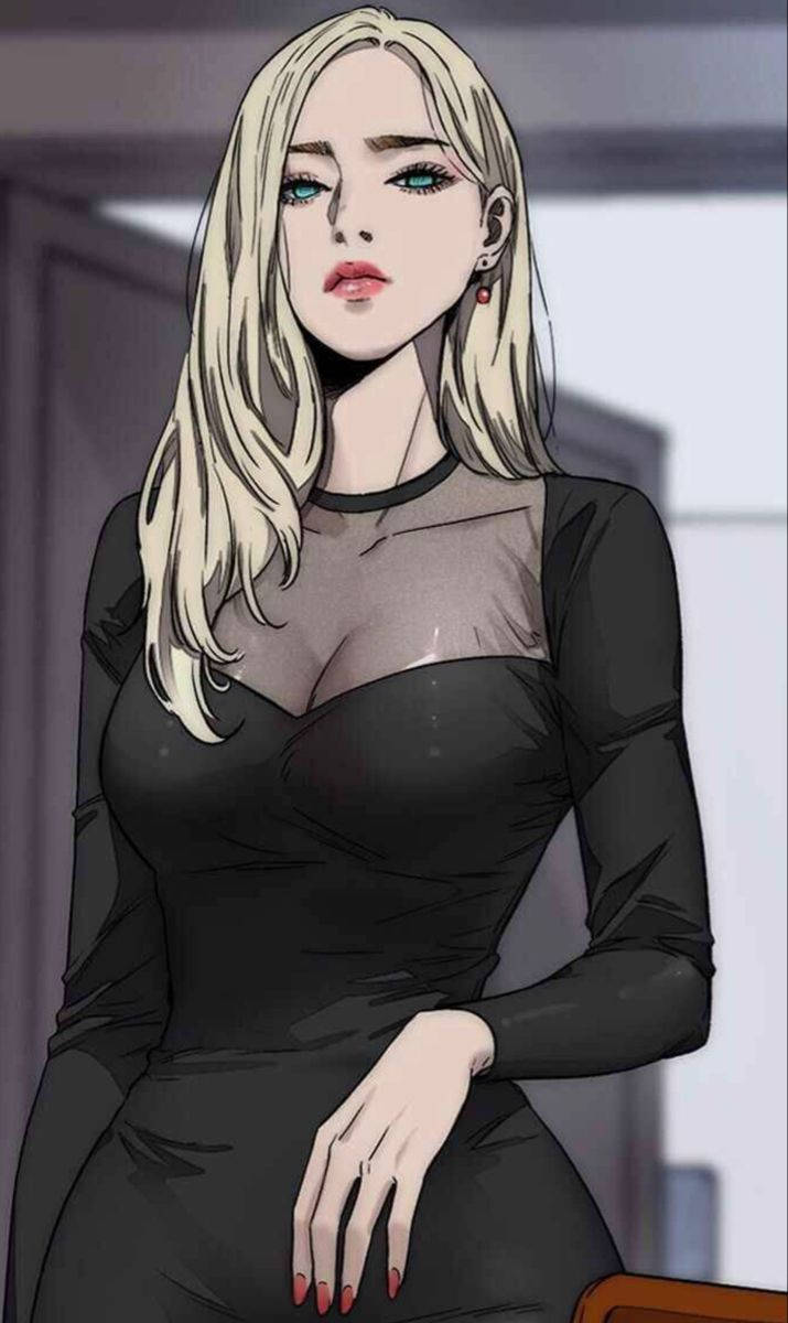 金髮動漫女性穿著黑色連衣裙，紅色指甲，在室內擺姿勢。