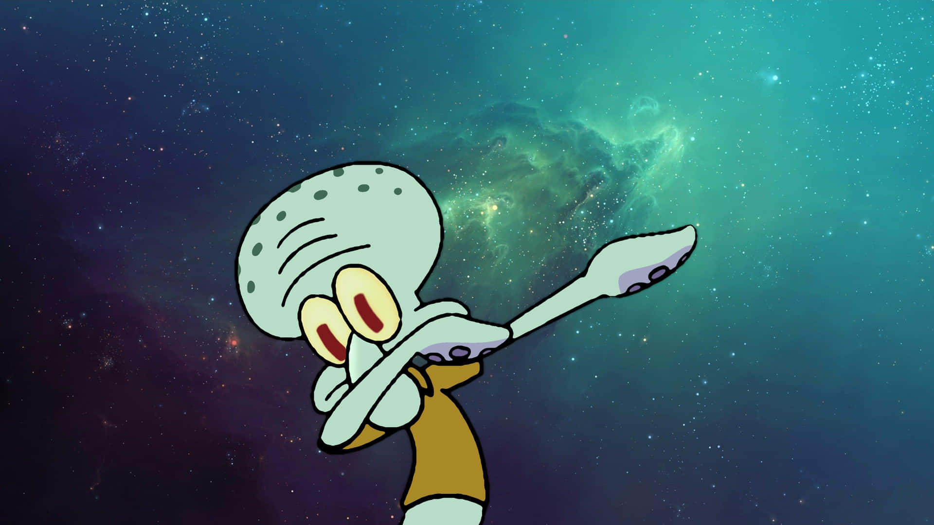 Squidward 在色彩繽紛的星空宇宙星雲中跳舞。