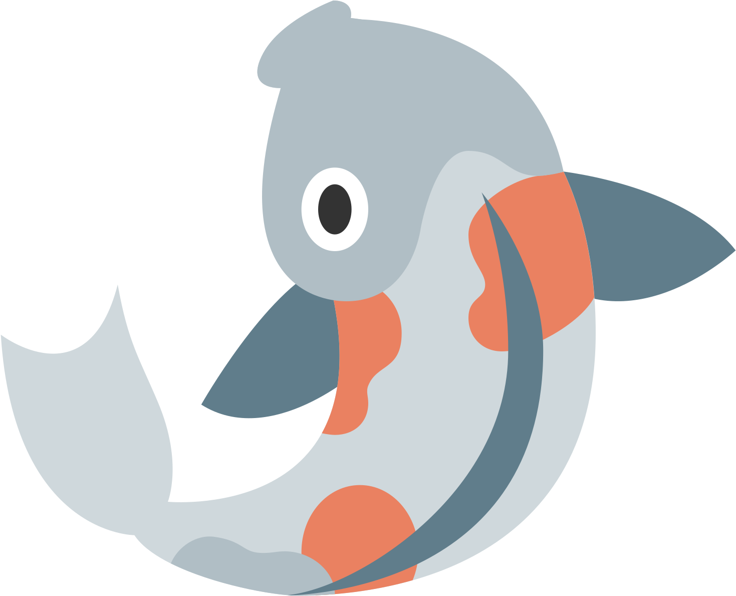 風格化卡通鯉魚 壁紙 — 一條風格化的卡通魚，灰色身體帶橙色斑點和簡單的魚鰭，在黑色背景上游動。