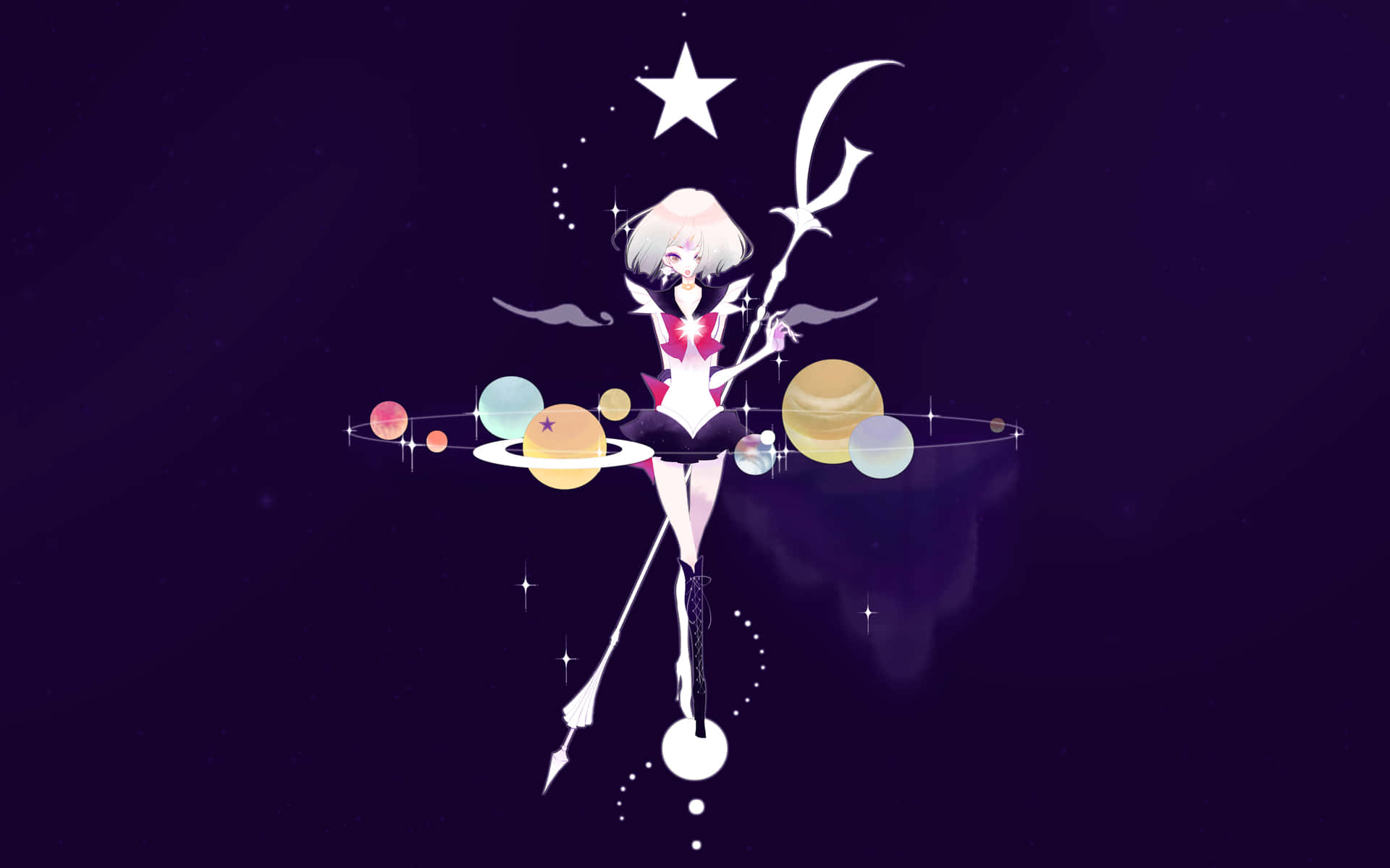 白髮動漫女孩手持新月法杖，被太空中的行星和星星環繞。