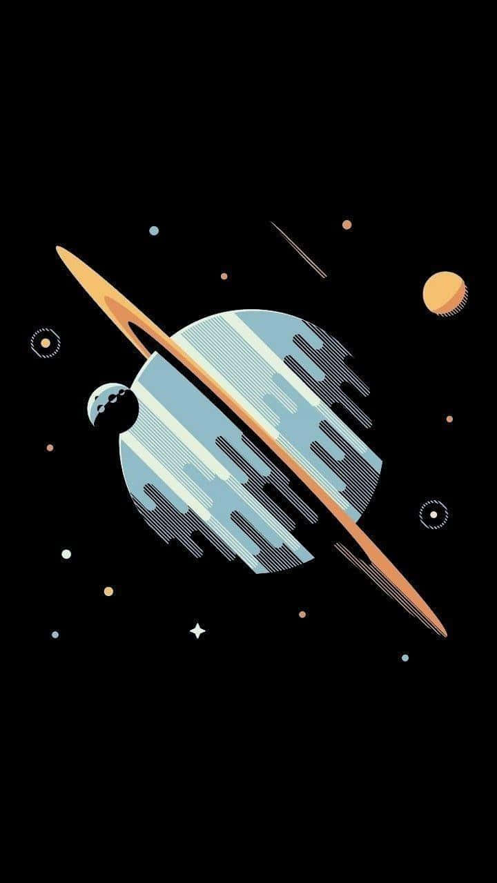 風格化土星藝術圖 壁紙 — 一顆帶有光環和衛星的風格化行星在深空中環繞著星星和遙遠天體運行。