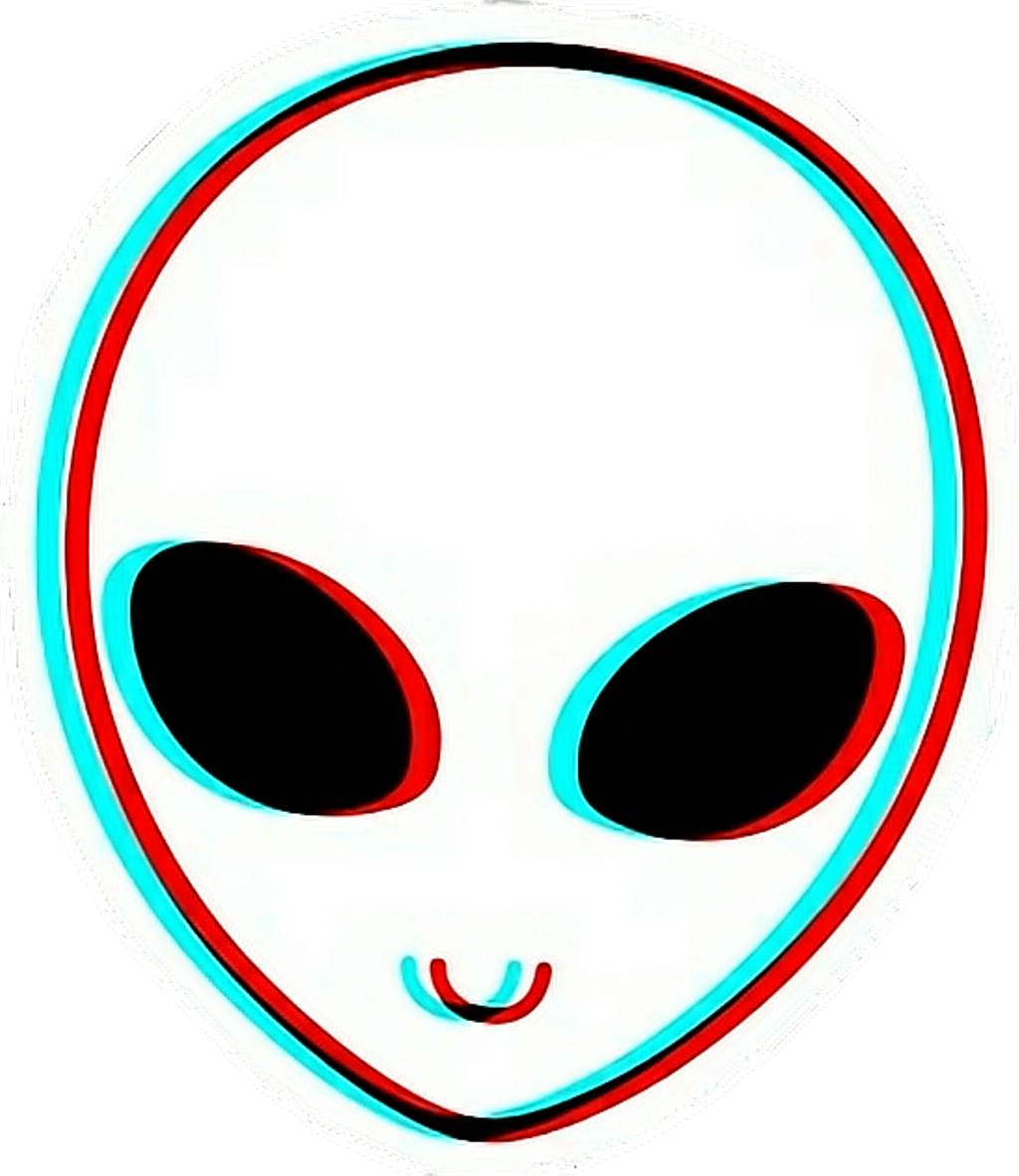 風格化外星人臉部藝術 壁紙 — 一個風格化的卡通外星人面孔，有大黑眼睛和一個小微笑，以紅色和青色勾勒在黑色背景上。
