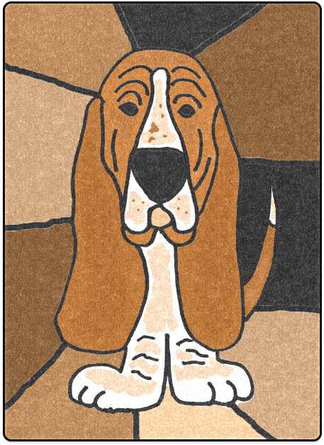 風格化巴賽特獵犬插畫 壁紙 — 一隻卡通巴吉度獵犬，長著長長的垂耳和黑色的鼻子，站在一塊帶有幾何圖案的棕色紋理地毯上。