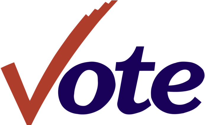 風格化投票標誌 壁紙 — 大膽的紅色剔號覆蓋在紫色「Vote」字樣上，背景為純黑色。