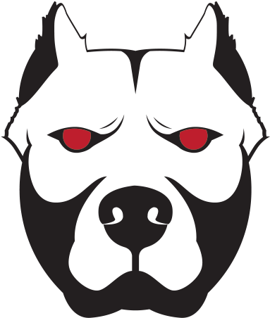 風格化比特犬圖案 壁紙 — 一個狗臉的鮮明黑色剪影，帶有發光的紅色眼睛，在黑暗背景下強烈凝視。
