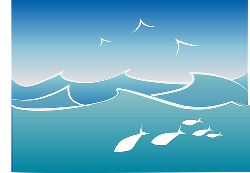 風格化海洋波浪與魚類插圖