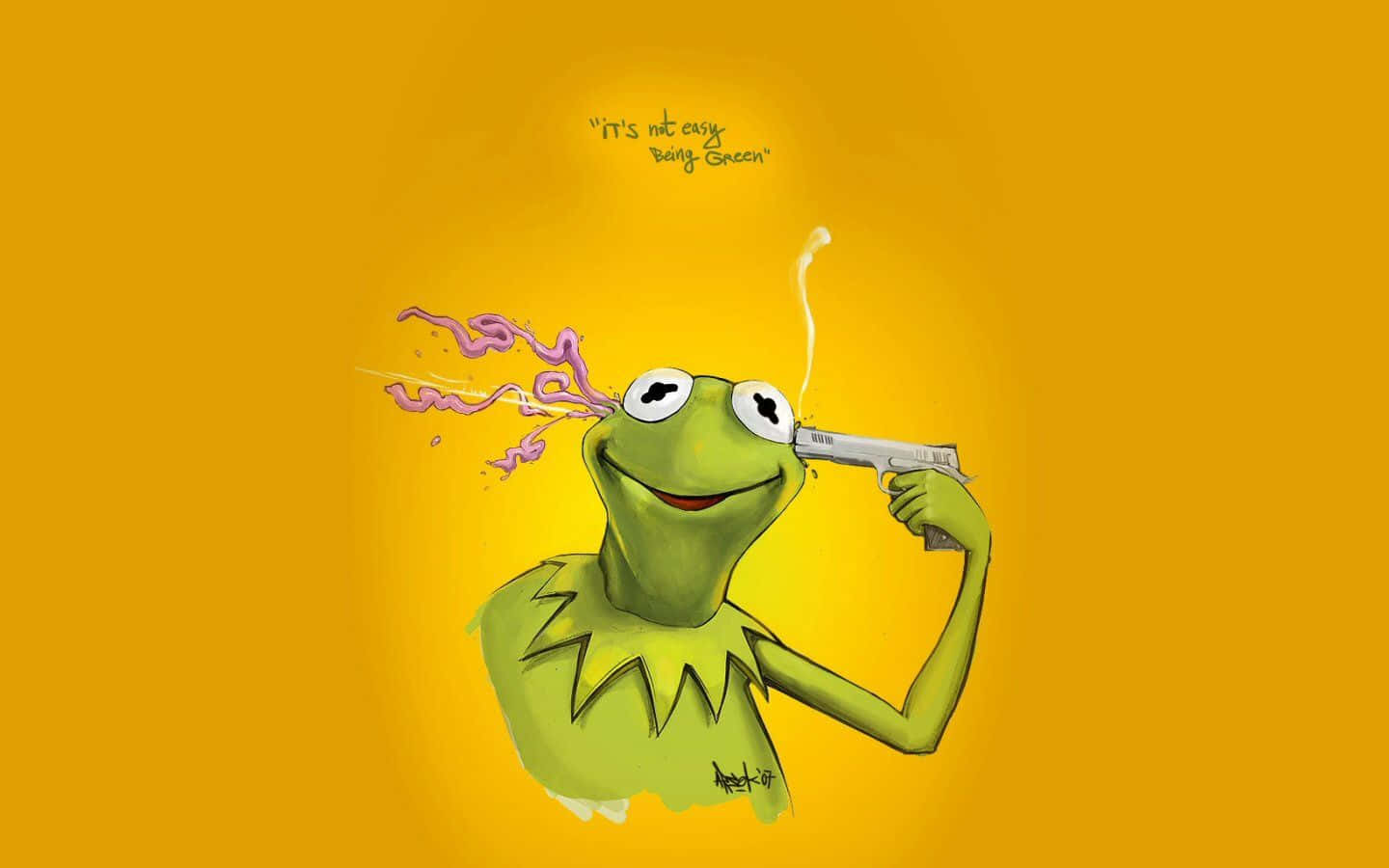 Kermit the Frog 手持一把冒煙的槍，帶有紫色爆炸效果和引文。